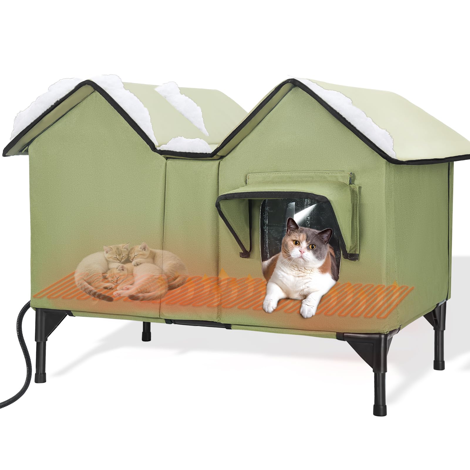 IPEAIN heated cat house exterior green shows weatherproof shelter for outdoor cats.