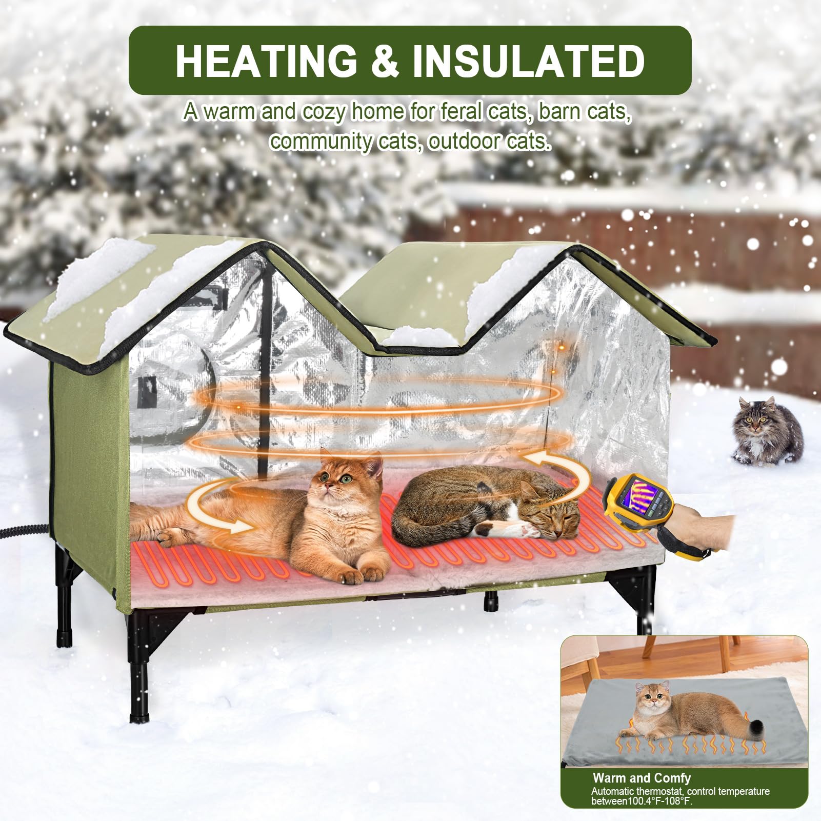 IPEAIN heated cat house with outdoor heating pad keeps outdoor cats warm in cold weather.