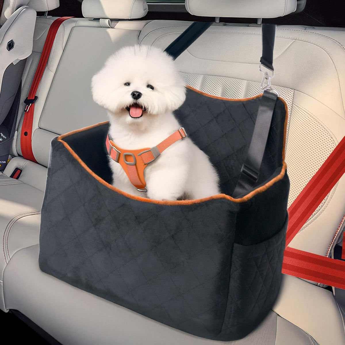iPEGTOP dog car seat front view showing secure travel comfort for small dogs