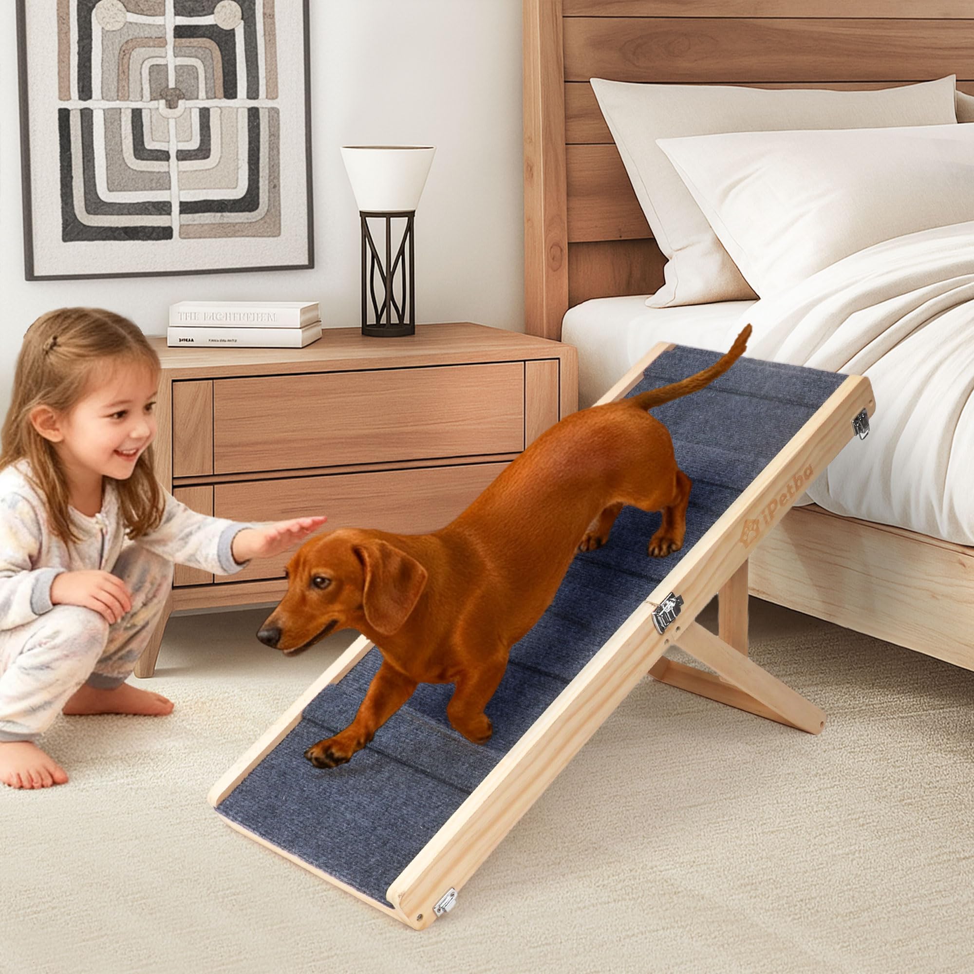 IPETBA dog ramp wooden structure demonstrates sturdy setup for small dogs.