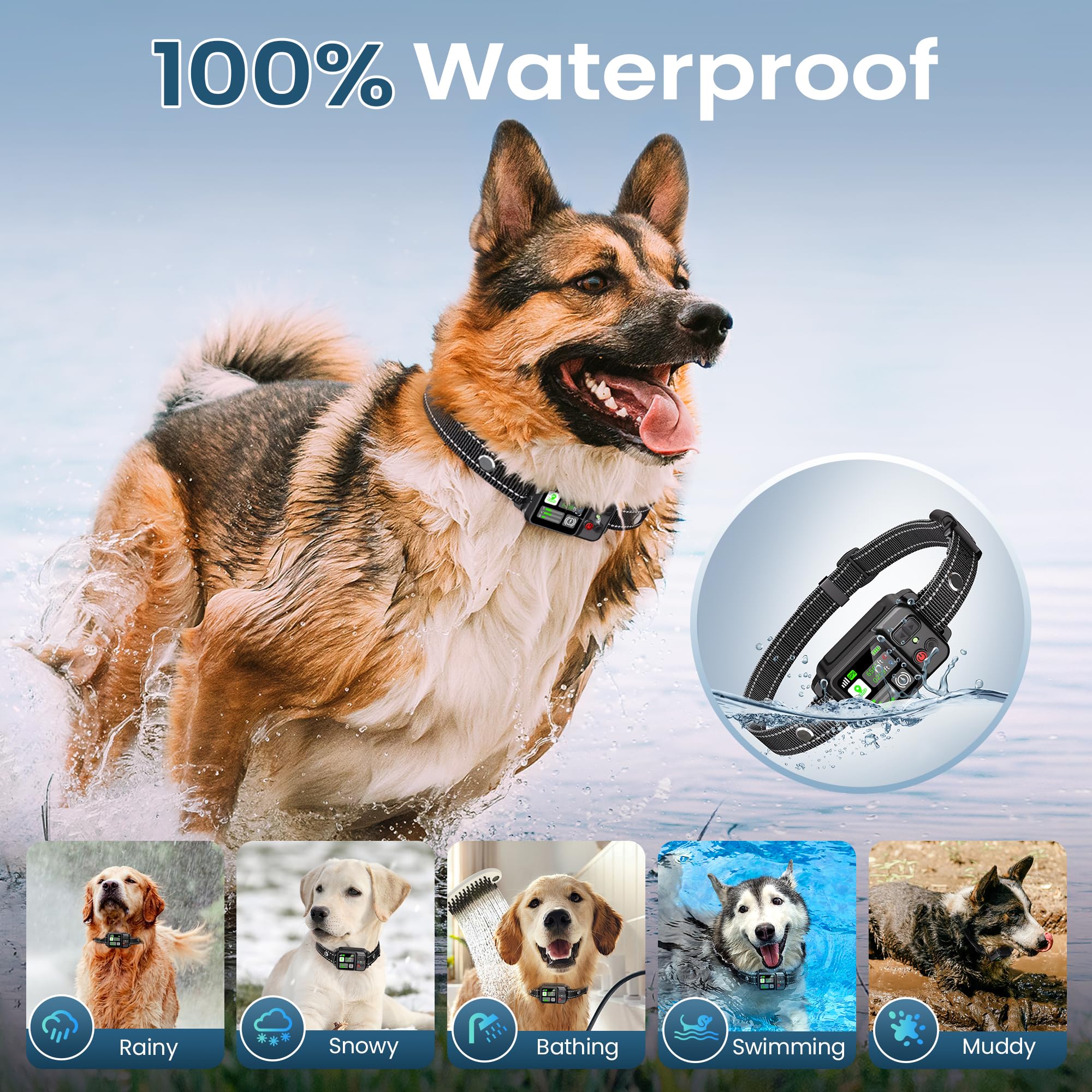 ipetlore GPS fence waterproof collar endures rain, mud, and swimming