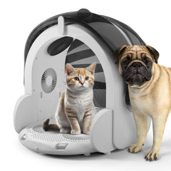 iPettie Automatic Hair Dryer Box demonstrates 360° airflow for fast, even pet drying.