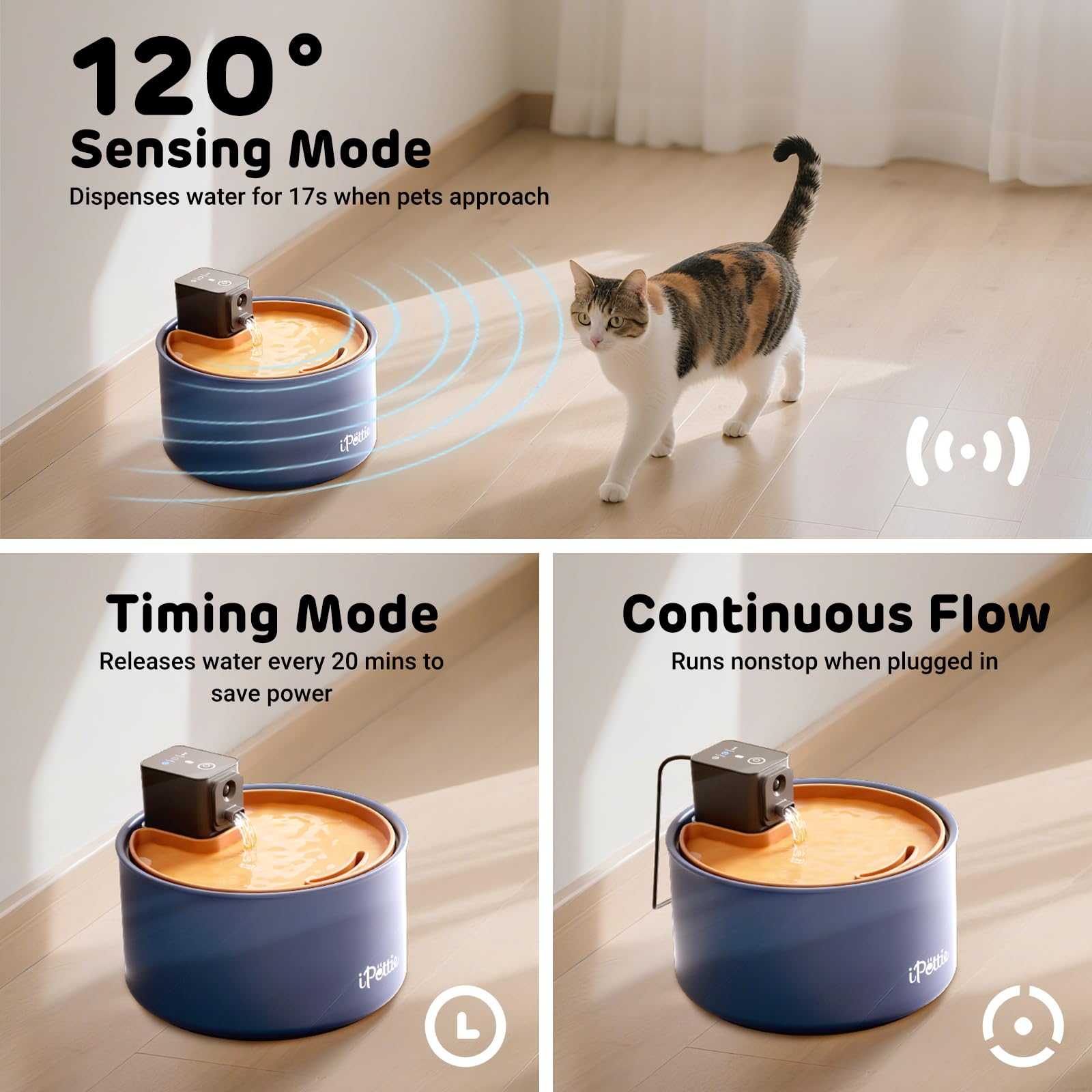 ipettie ceramic cat fountain in action demonstrates gentle continuous flow for thirsty cats