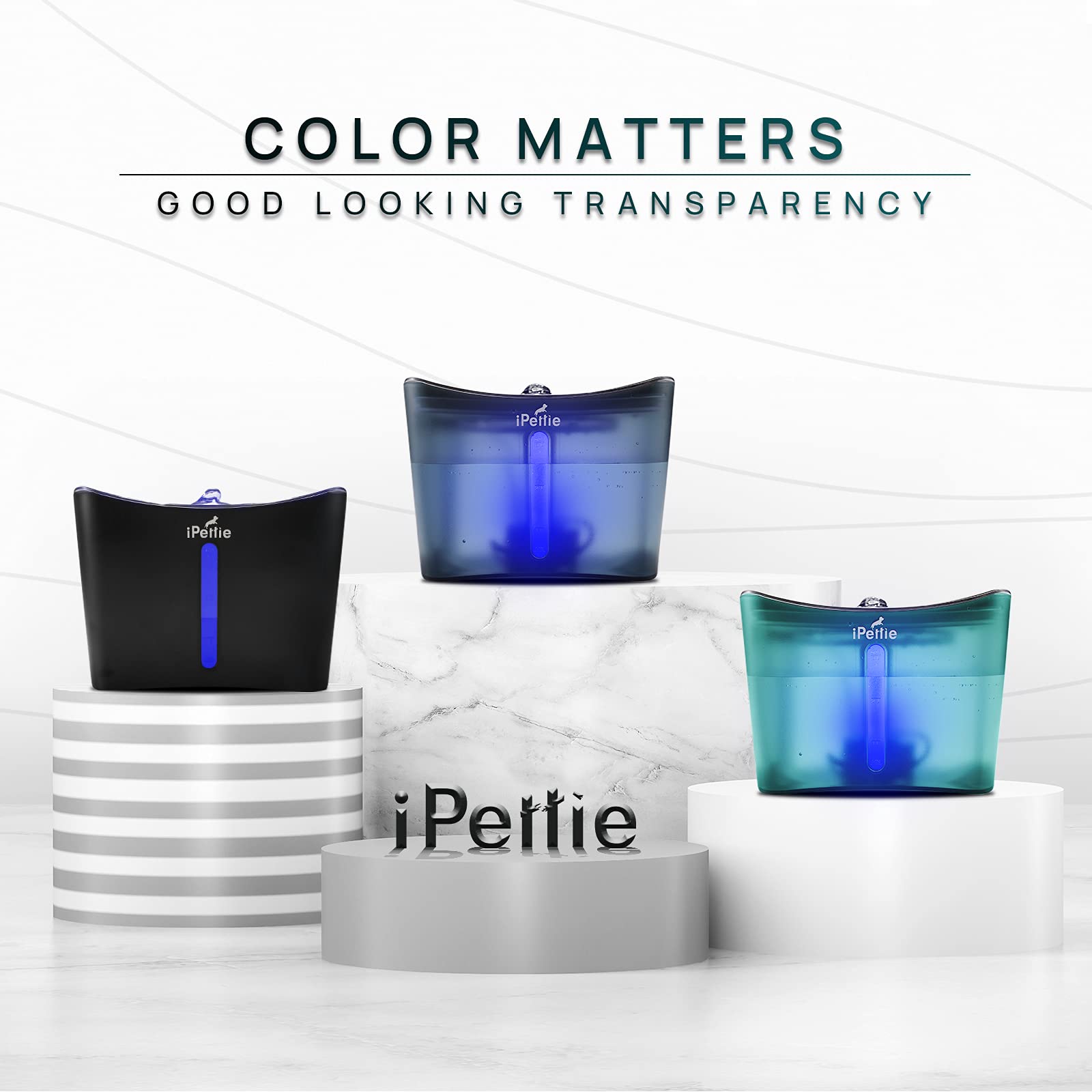 iPettie Kamino cat fountain side view highlights sleek design and easy cleaning access
