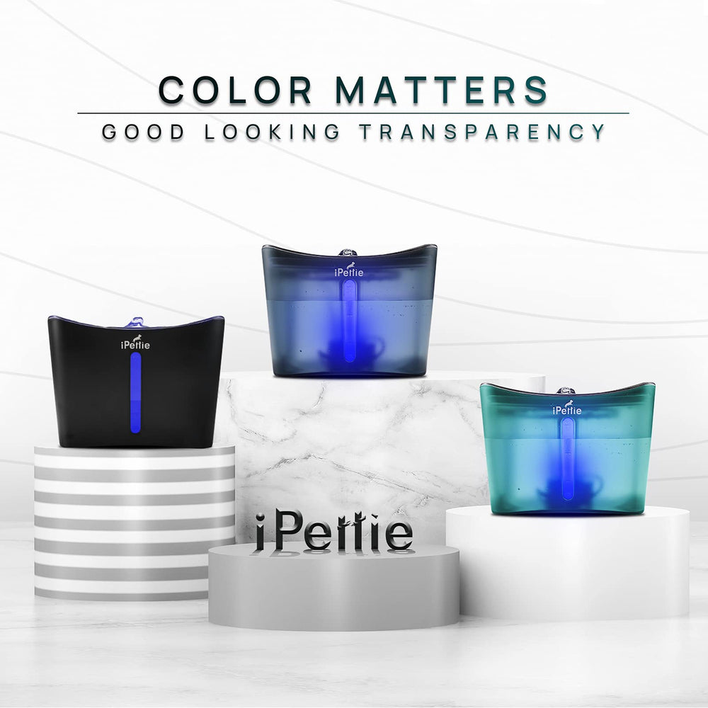 iPettie Kamino cat fountain side view highlights sleek design and easy cleaning access