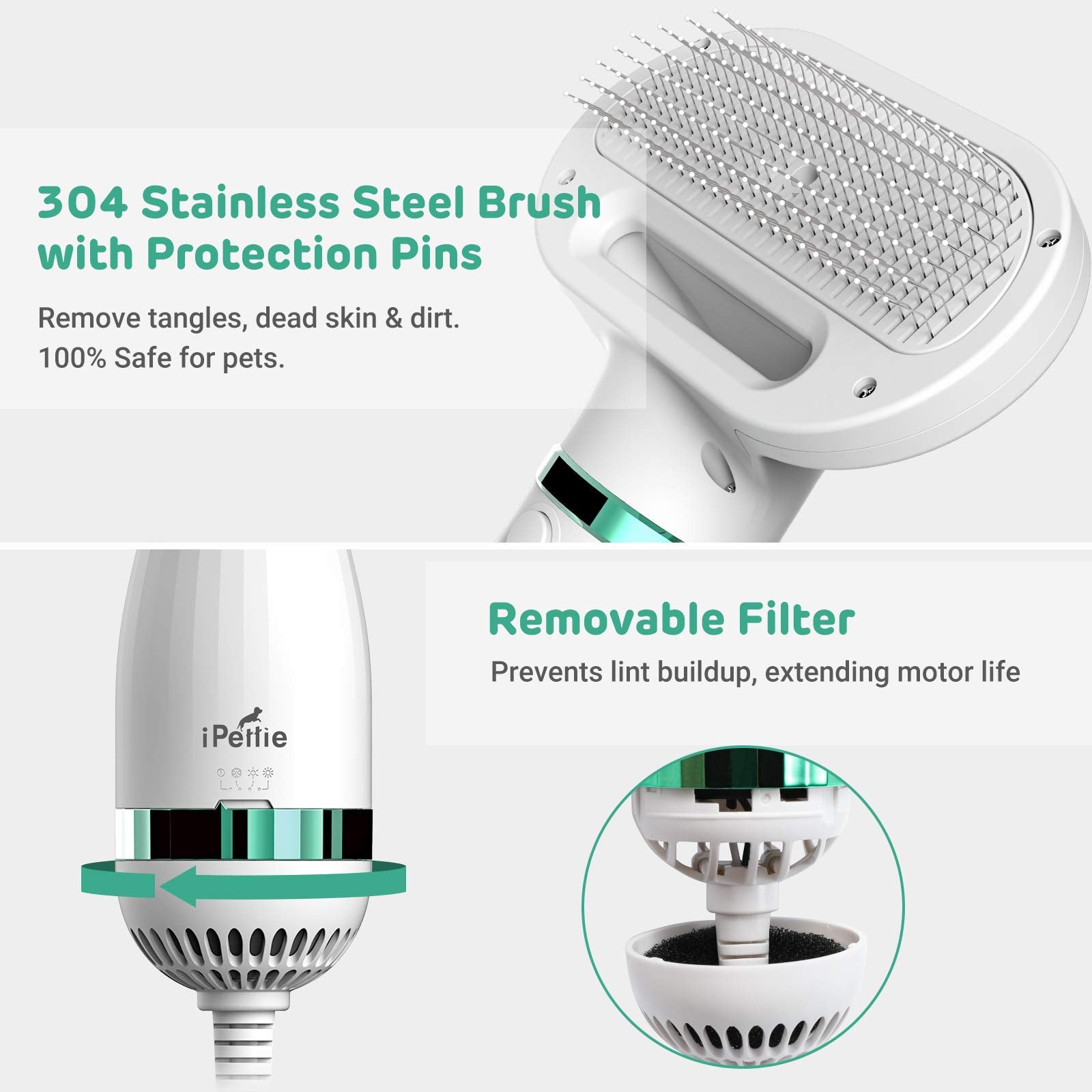 iPettie Hair Dryer 2 removable filter extends motor life and reduces lint.