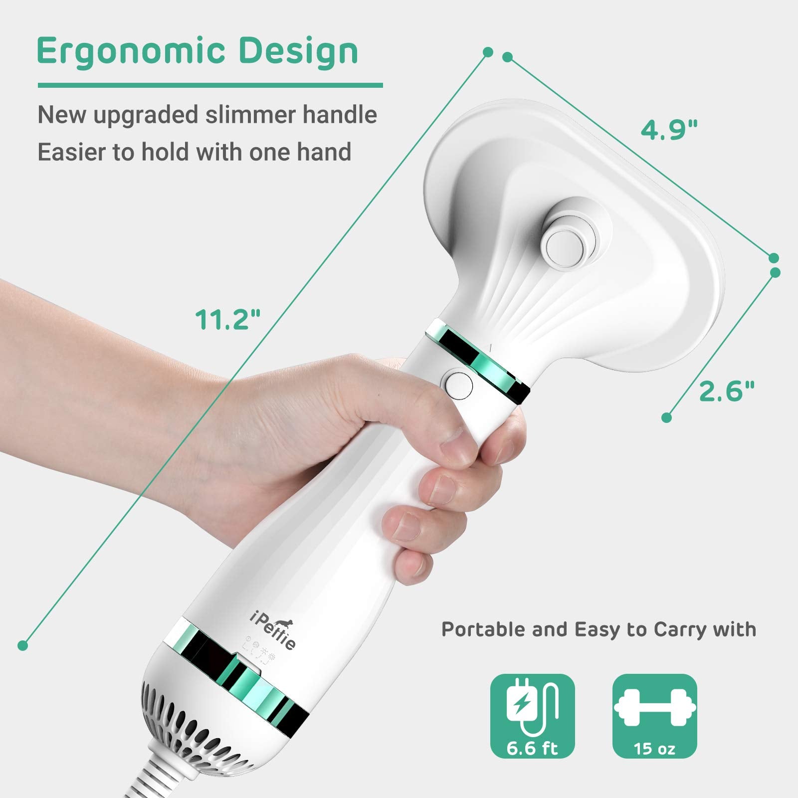 iPettie Hair Dryer 2 slim handle for comfortable grip and precise grooming.