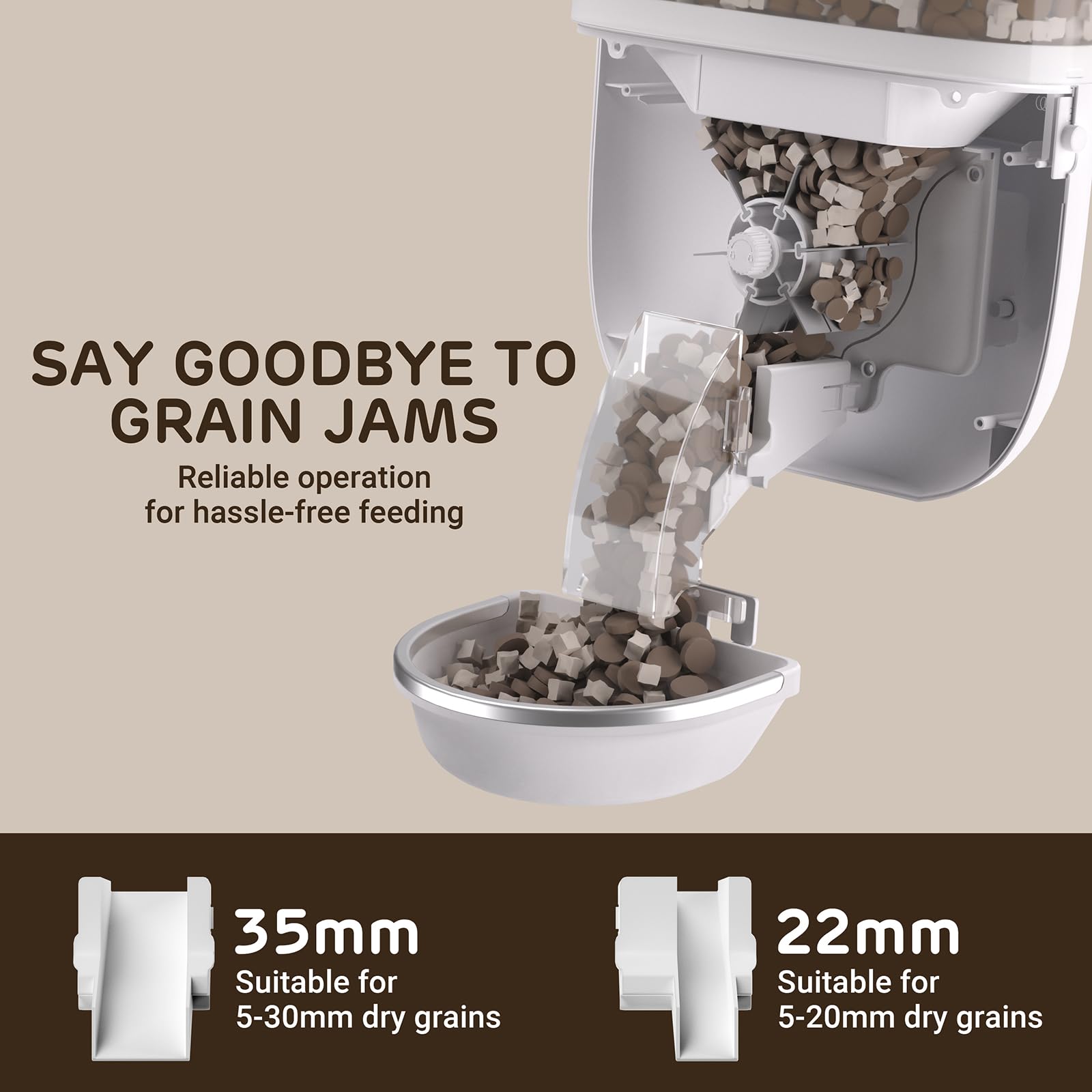 iPettie Smart WiFi Hanging Feeder 5-30mm dry food compatibility details.