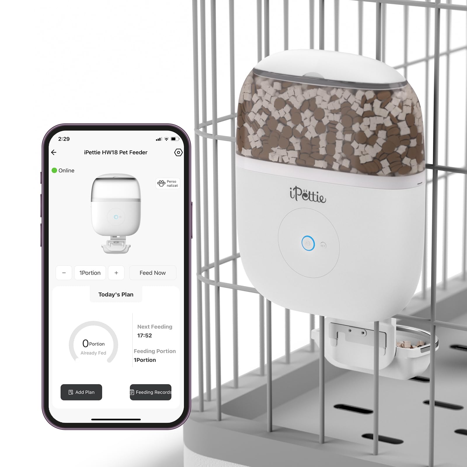 iPettie Smart WiFi Hanging Feeder front view for remote feeding control.