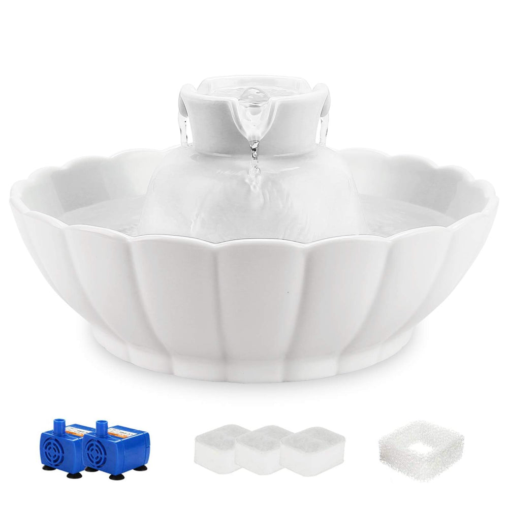iPettie Tritone ceramic cat water fountain front view for durable hydration in daily pet care.