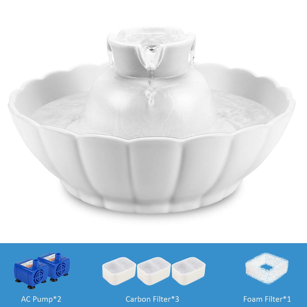 iPettie Tritone ceramic cat water fountain packaging with filters signals ready-to-use setup.