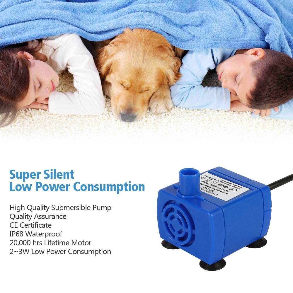 iPettie Tritone ceramic cat water fountain pump closeup emphasizes low-power whisper-quiet performance.
