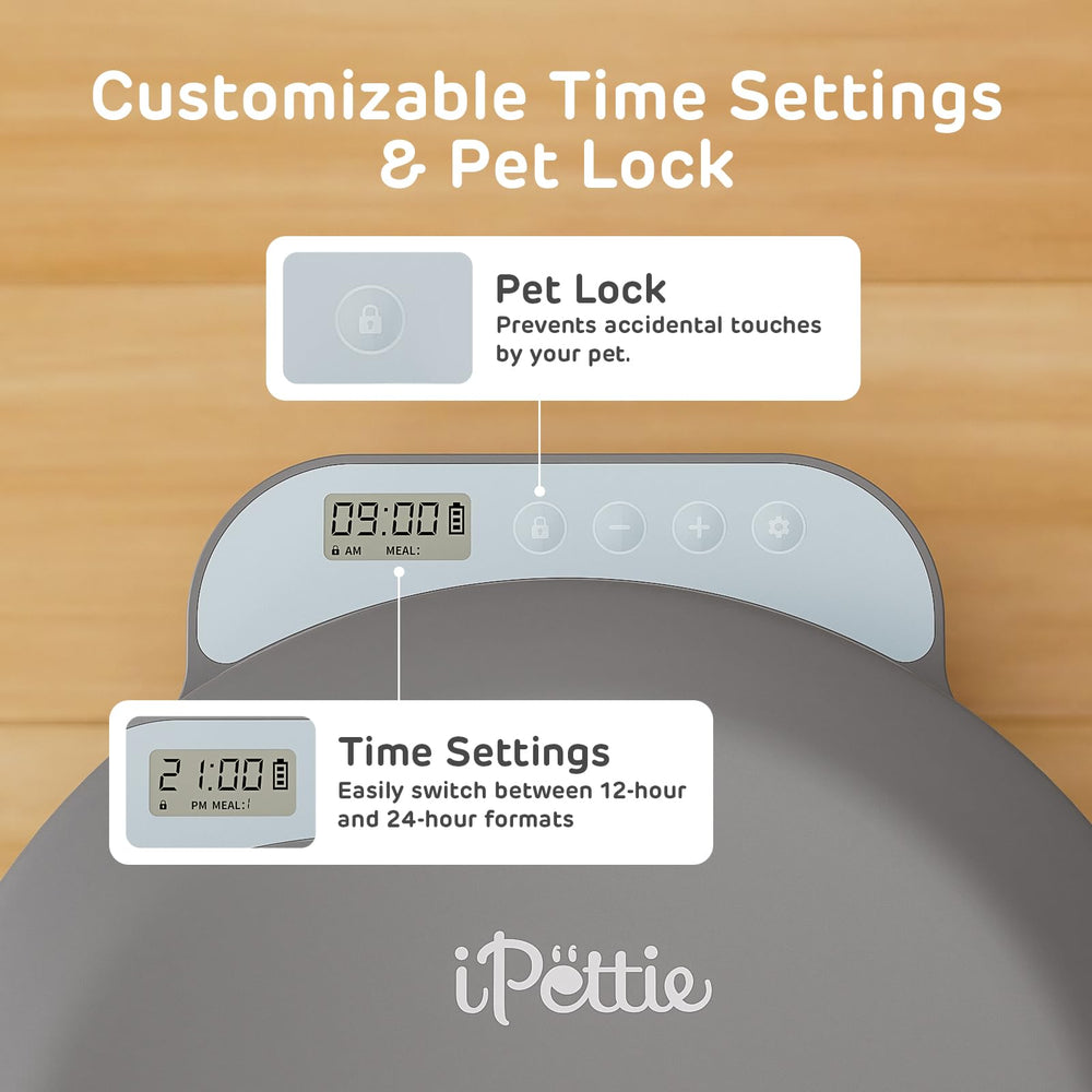 iPettie Zharko secure-mealtime image highlights a locking mechanism that prevents tampering.