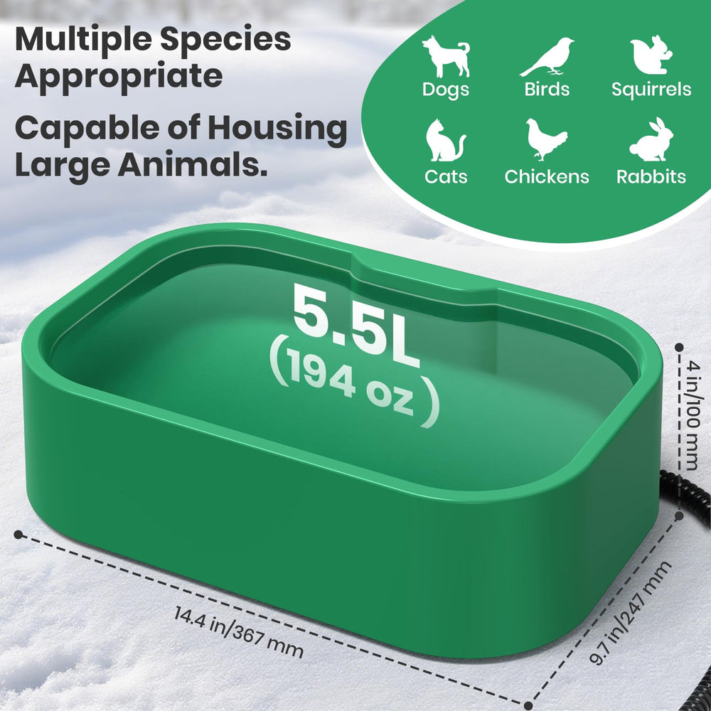 IPOW heated water bowl outdoor setup in a winter porch scene