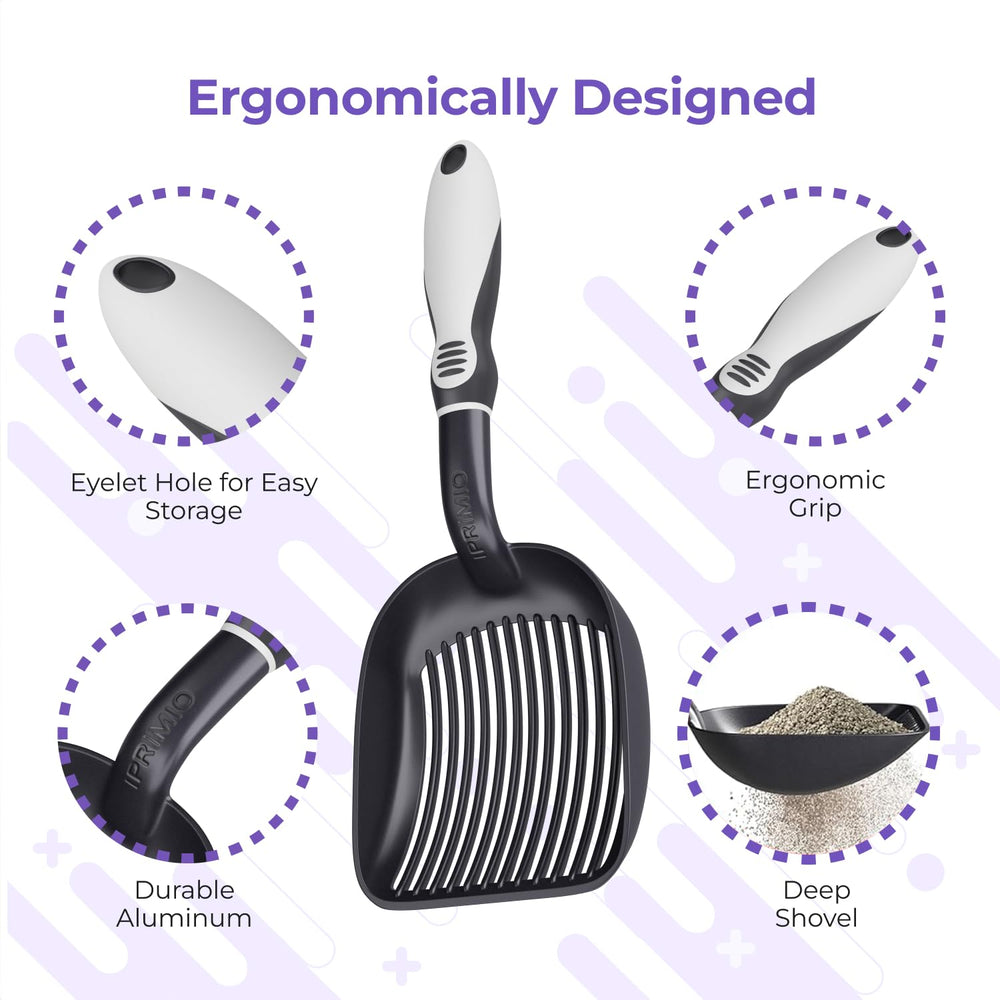 iPrimio ergonomic grip reduces hand fatigue during daily litter maintenance.