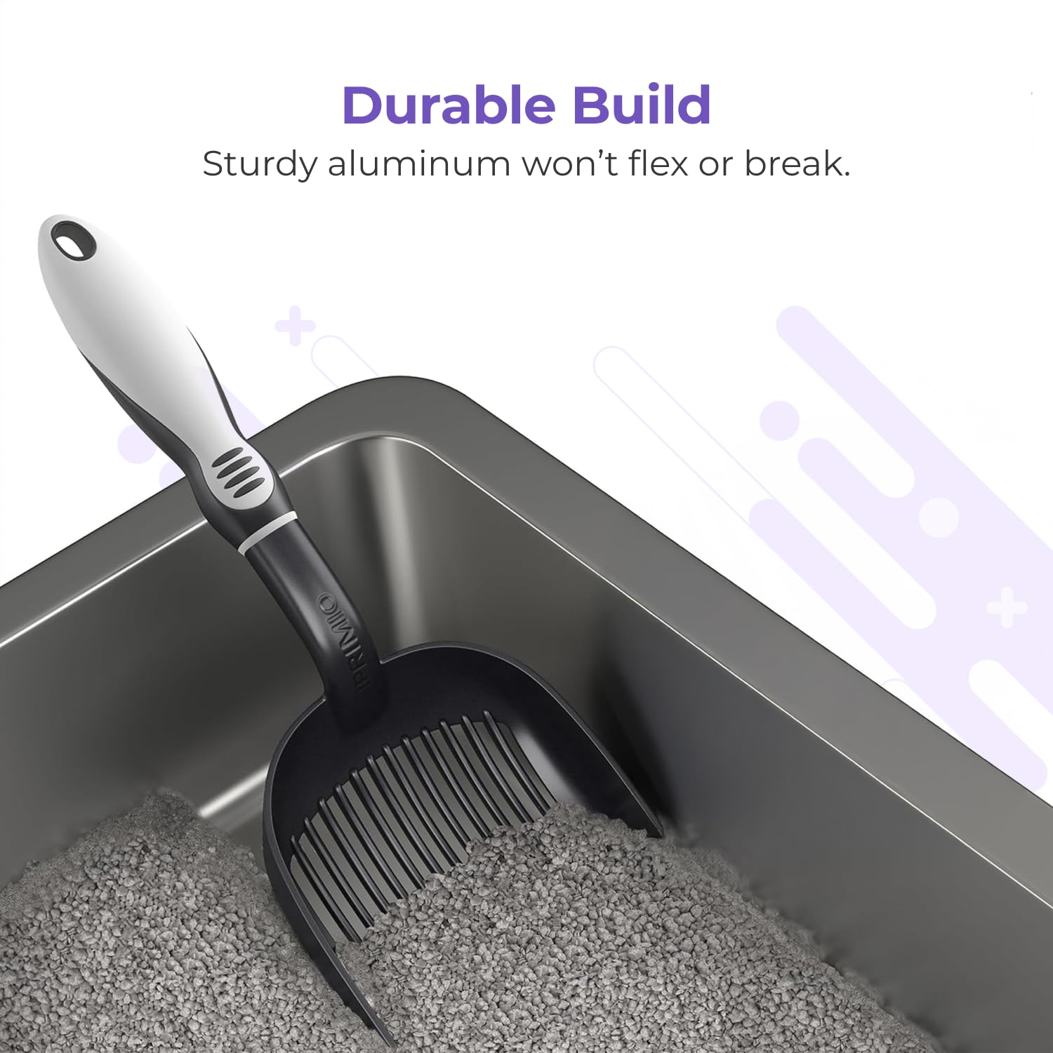 iPrimio in-use shot demonstrates fast clump disposal with the deep shovel.