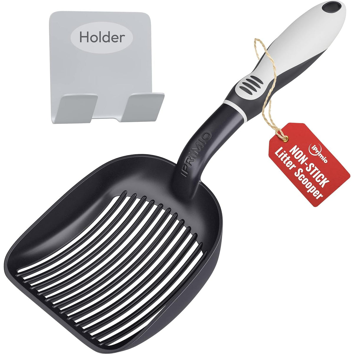 iPrimio metal cat litter scoop with deep shovel for quick clump removal.