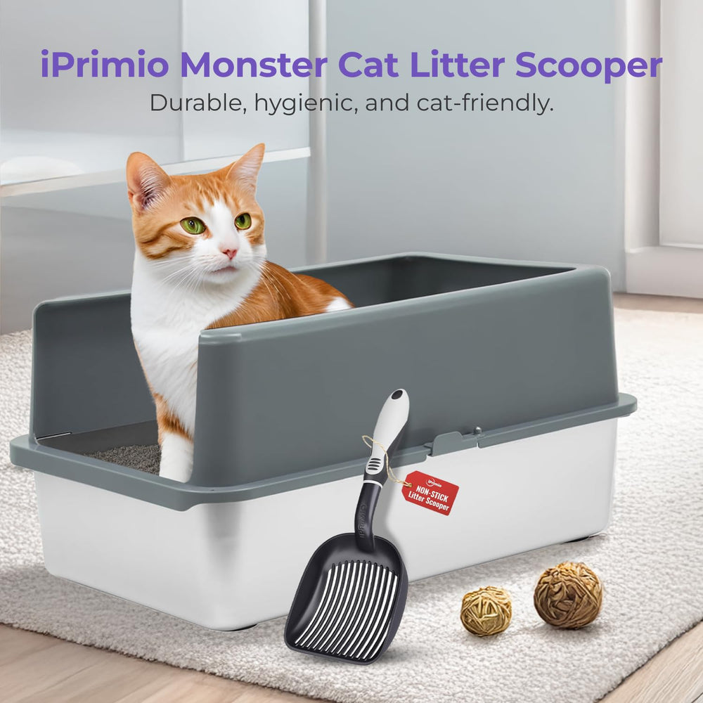 iPrimio cat litter scoop close-up shows non-stick coating for easy waste release.