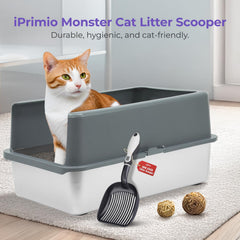 iPrimio cat litter scoop close-up shows non-stick coating for easy waste release.