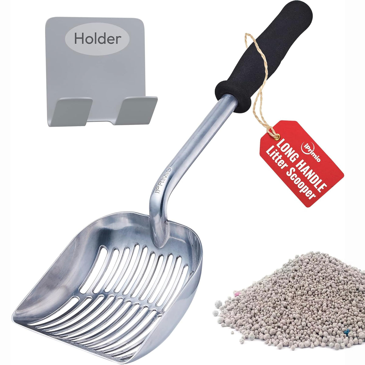 iPrimio Monster Metal Cat Litter Scoop extended reach reduces bending for easier cleanup.