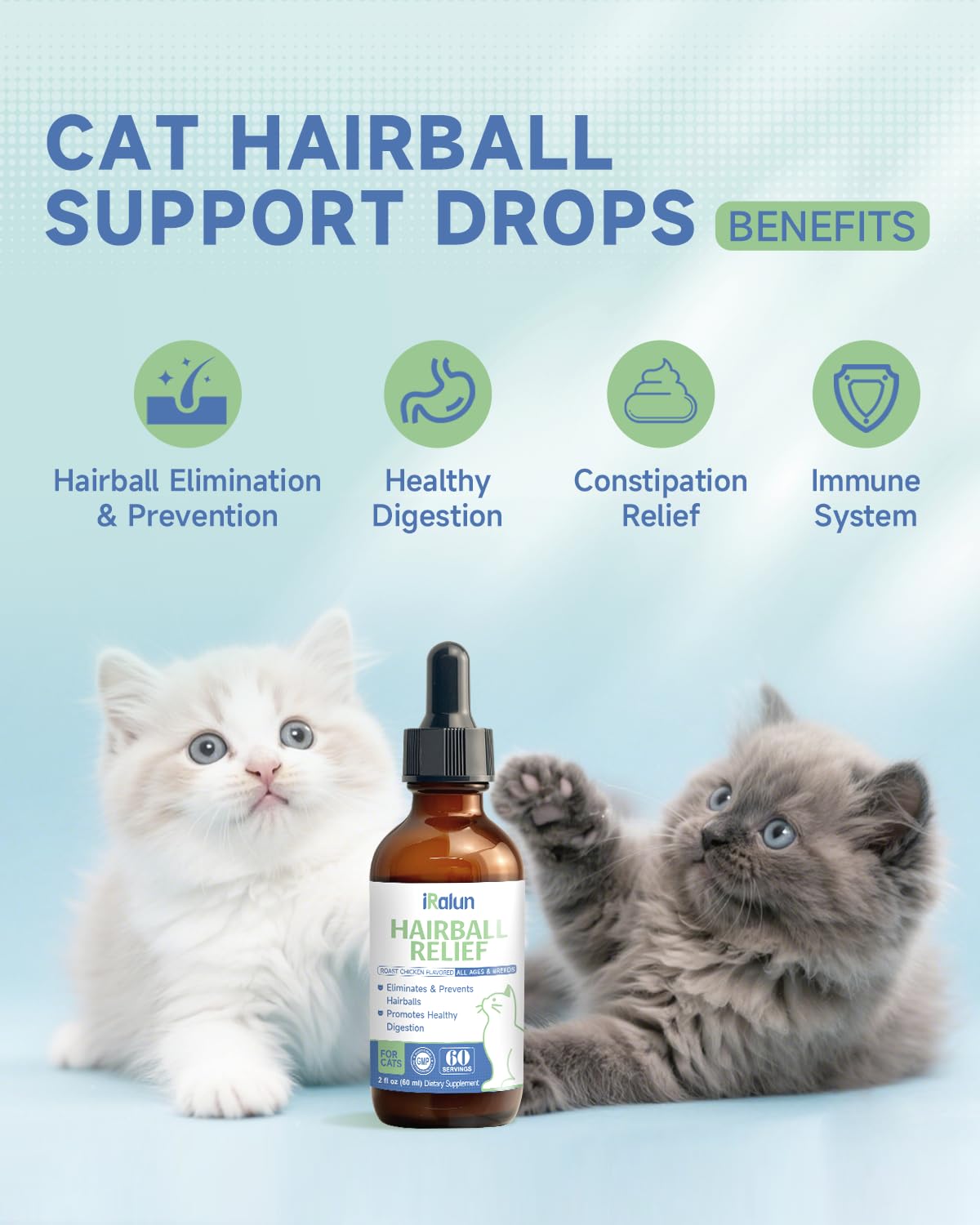IRALUN Hairball Treatment bottle label shows natural ingredients and no artificial colors