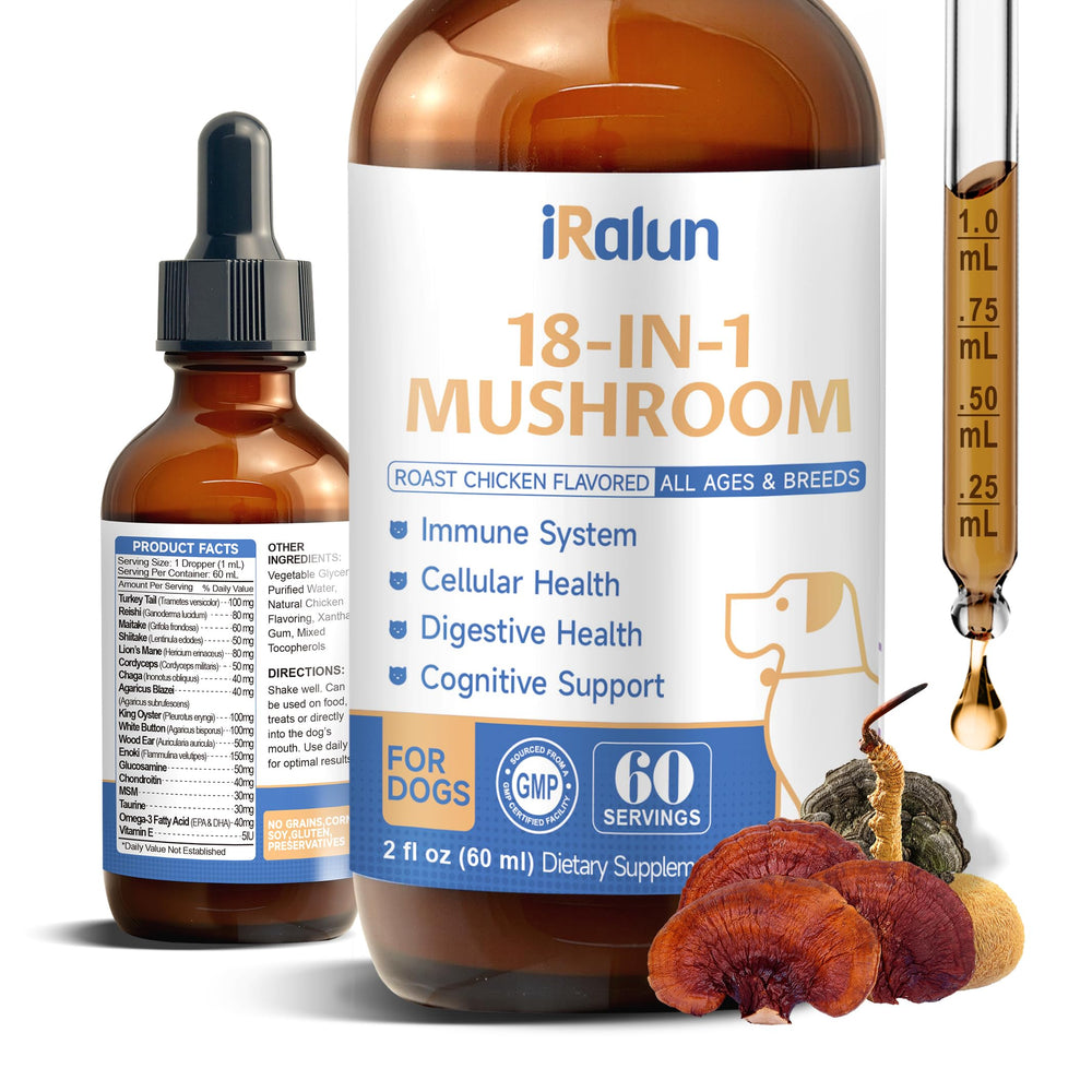 IRALUN dog mushroom supplement bottle shown with roast chicken flavor for daily immune support.