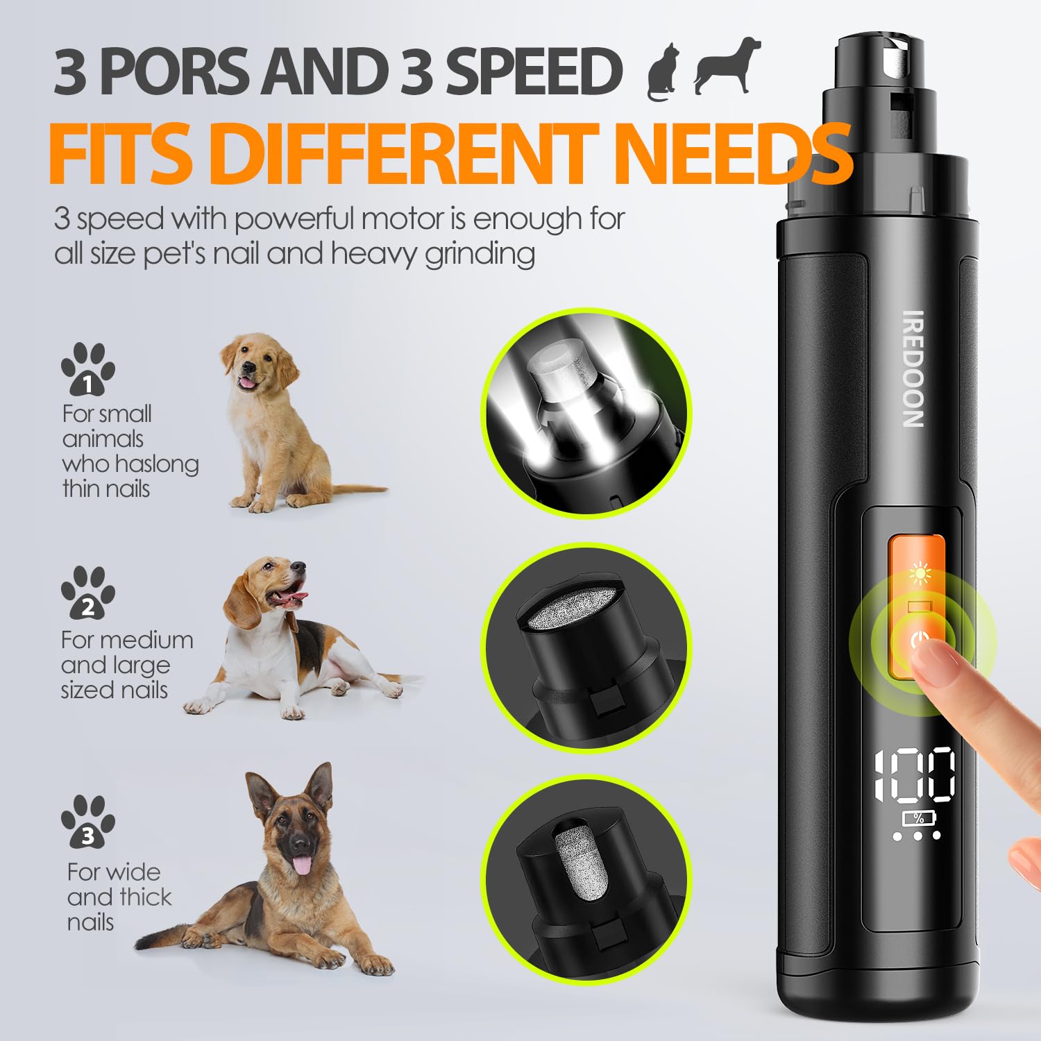 IREDOON dog nail grinder with four LED lights for safe nail trimming.
