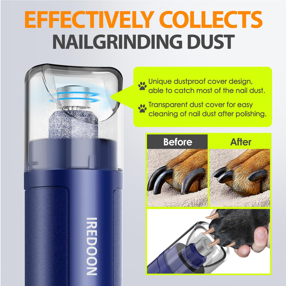 Iredo on dog nail grinder blue shows battery level for uninterrupted grooming.