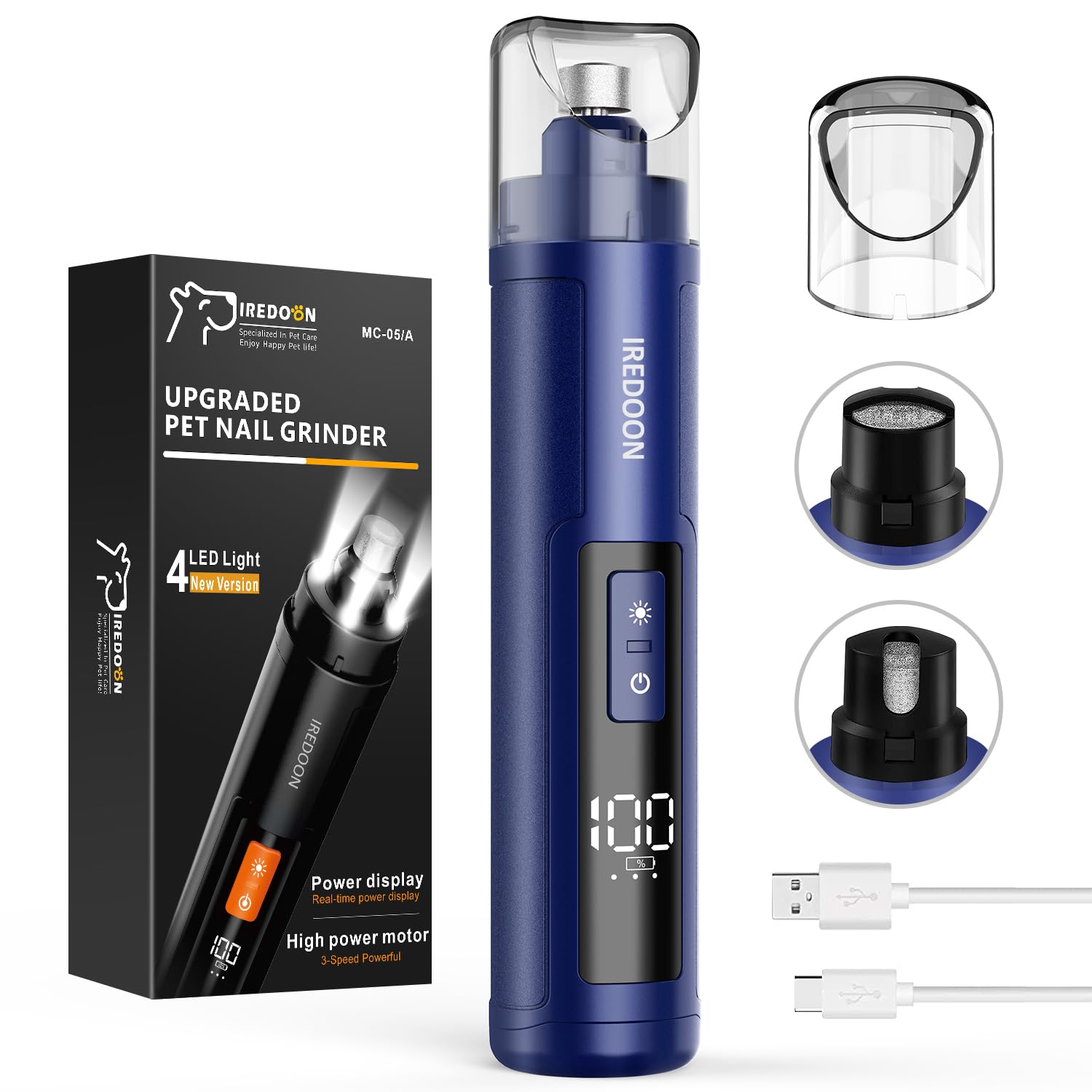 Iredo on dog nail grinder LED display shows battery level for calm grooming.