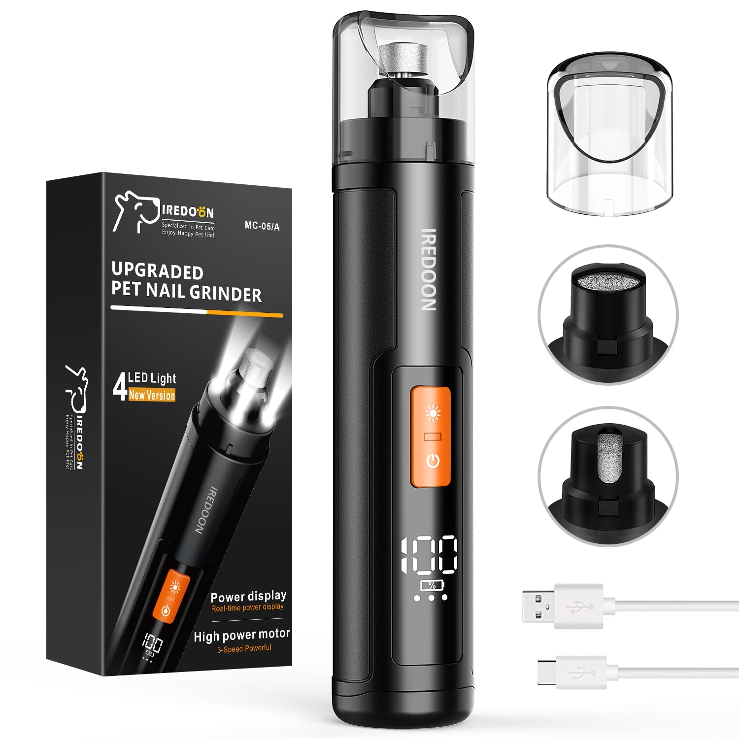 IREDOON dog nail grinder with LED display for easy battery and speed monitoring.