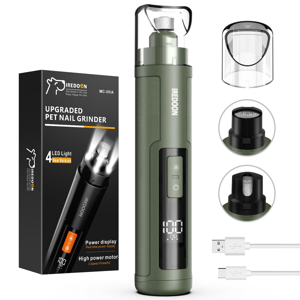 IREDOON dog nail grinder LED display helps monitor battery and speed during grooming.