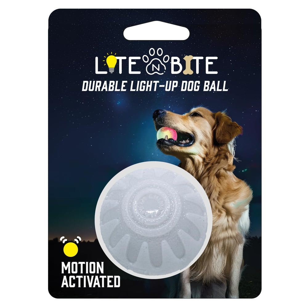 Iron Paws LED light-up ball during bounce for nighttime fetch visibility