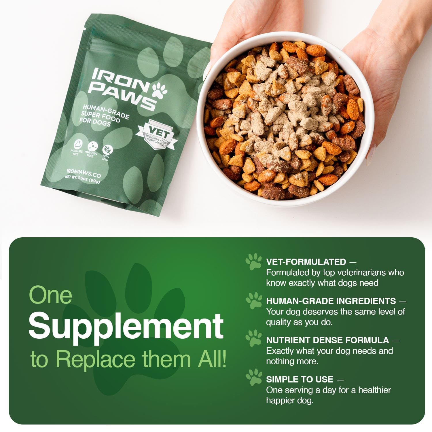 Iron Paws serving-spoon-dosage: easy portioning for daily greens.