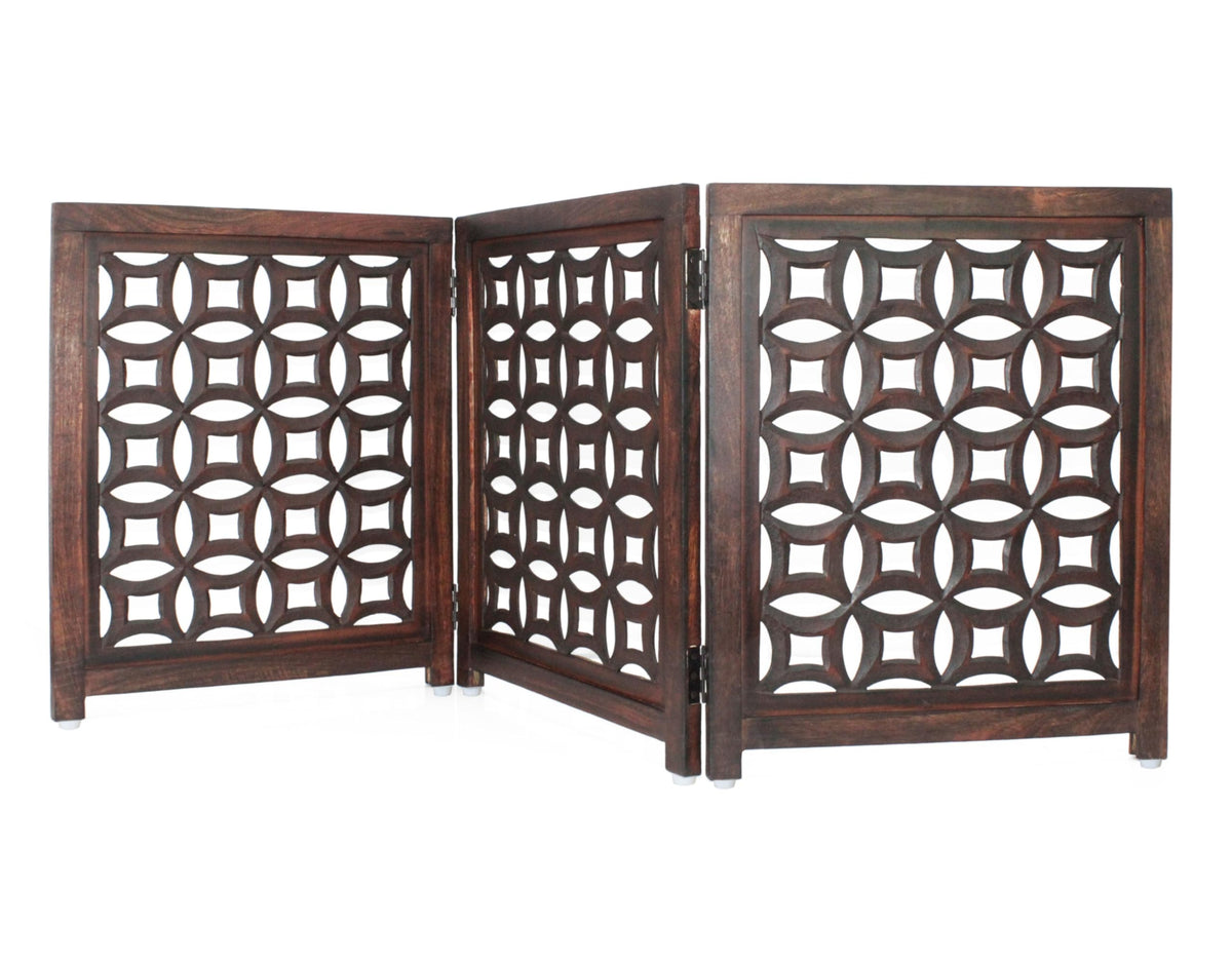 IRONGATE wooden foldable pet gate panel assembly showcases sturdy tri-fold construction for versatile openings.