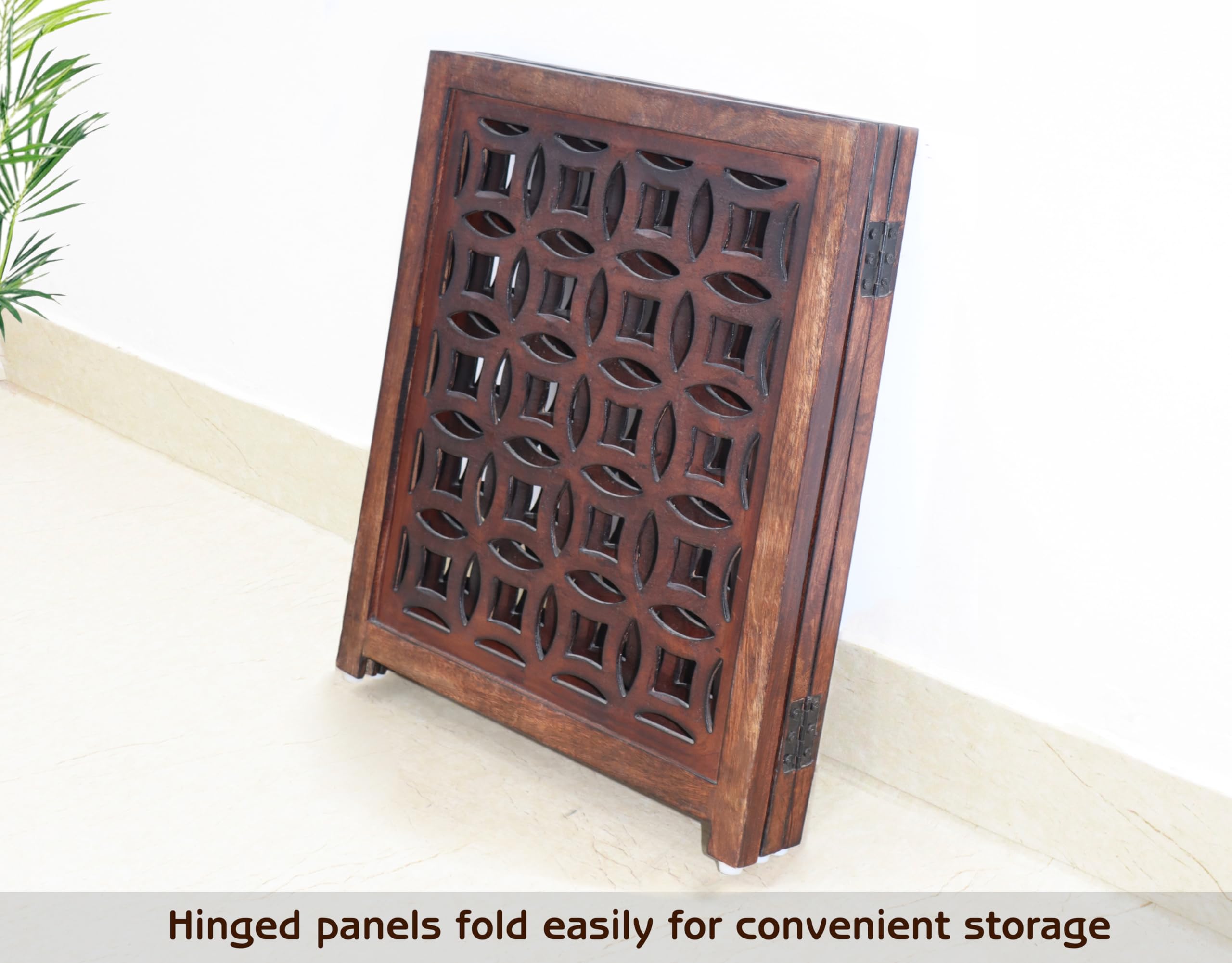 IRONGATE wooden foldable pet gate hand carved insets emphasize craft and style.