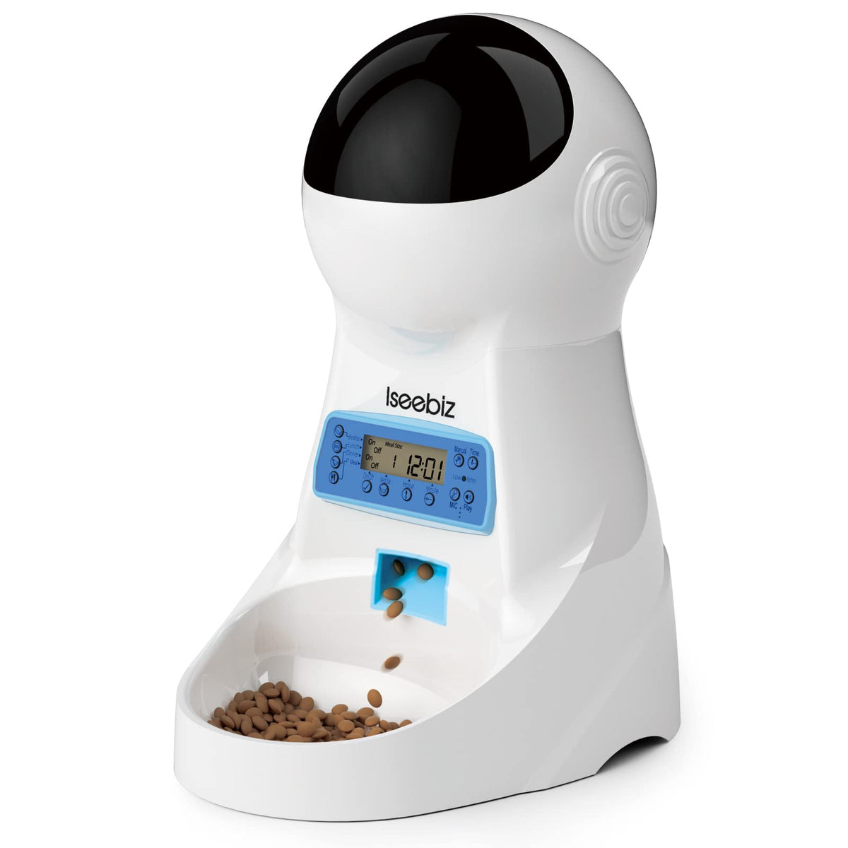 Iseebiz feeder front view shows compact timed-meal design.