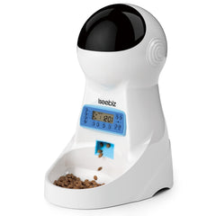 Iseebiz feeder front view shows compact timed-meal design.
