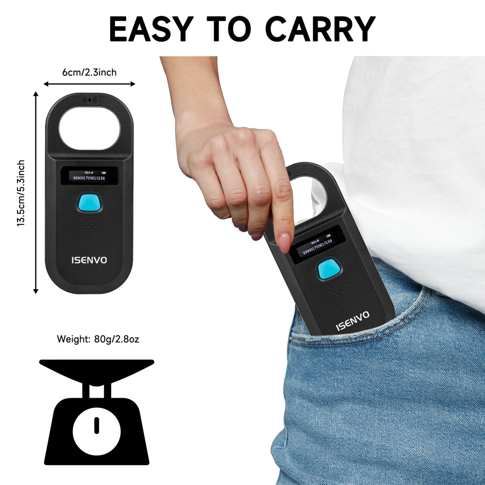 ISENVO scanner reads 15-digit IDs for accurate animal chip verification