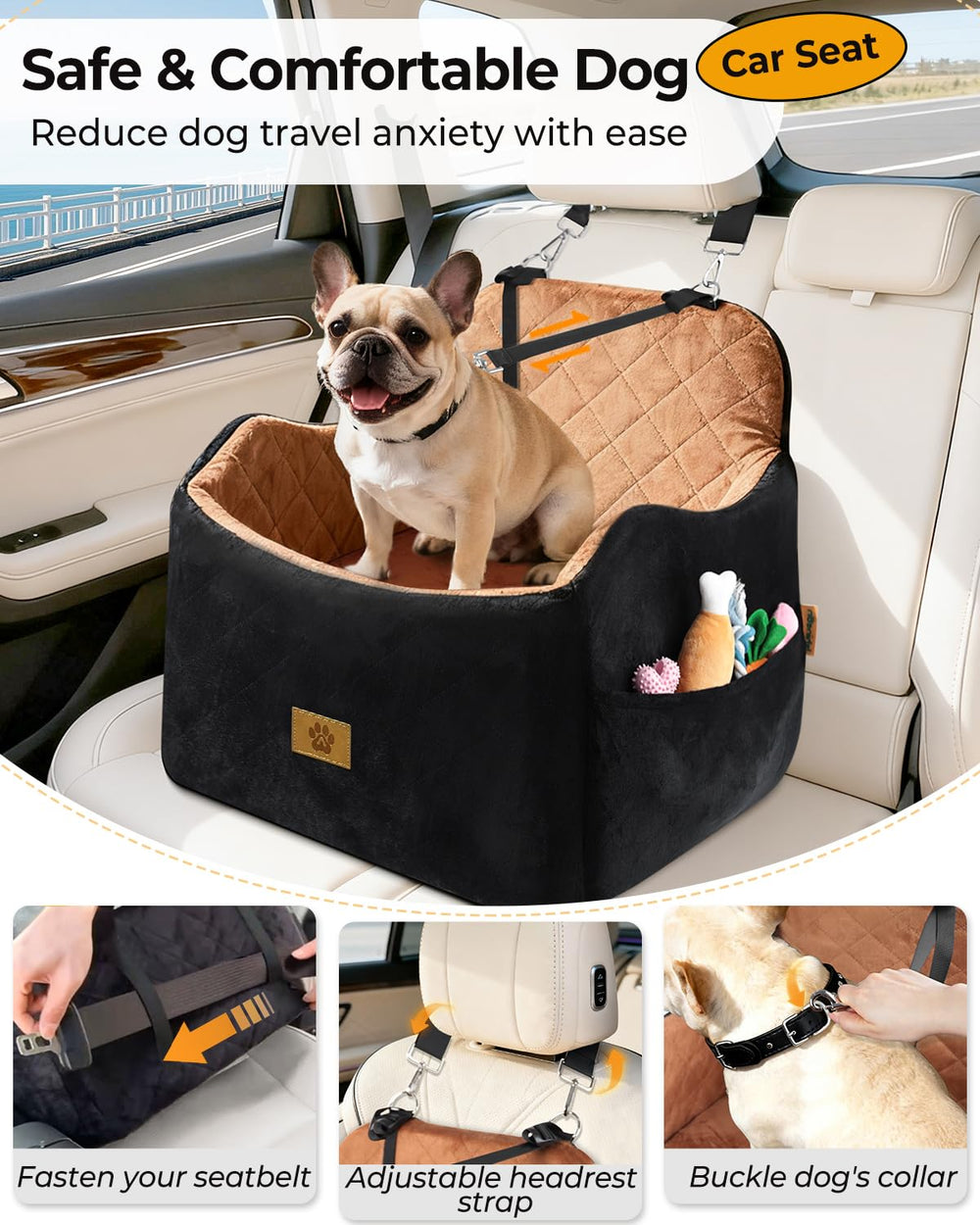Ishineon dog car seat back-strap reinforced detail signaling secure attachment on doors and seats.