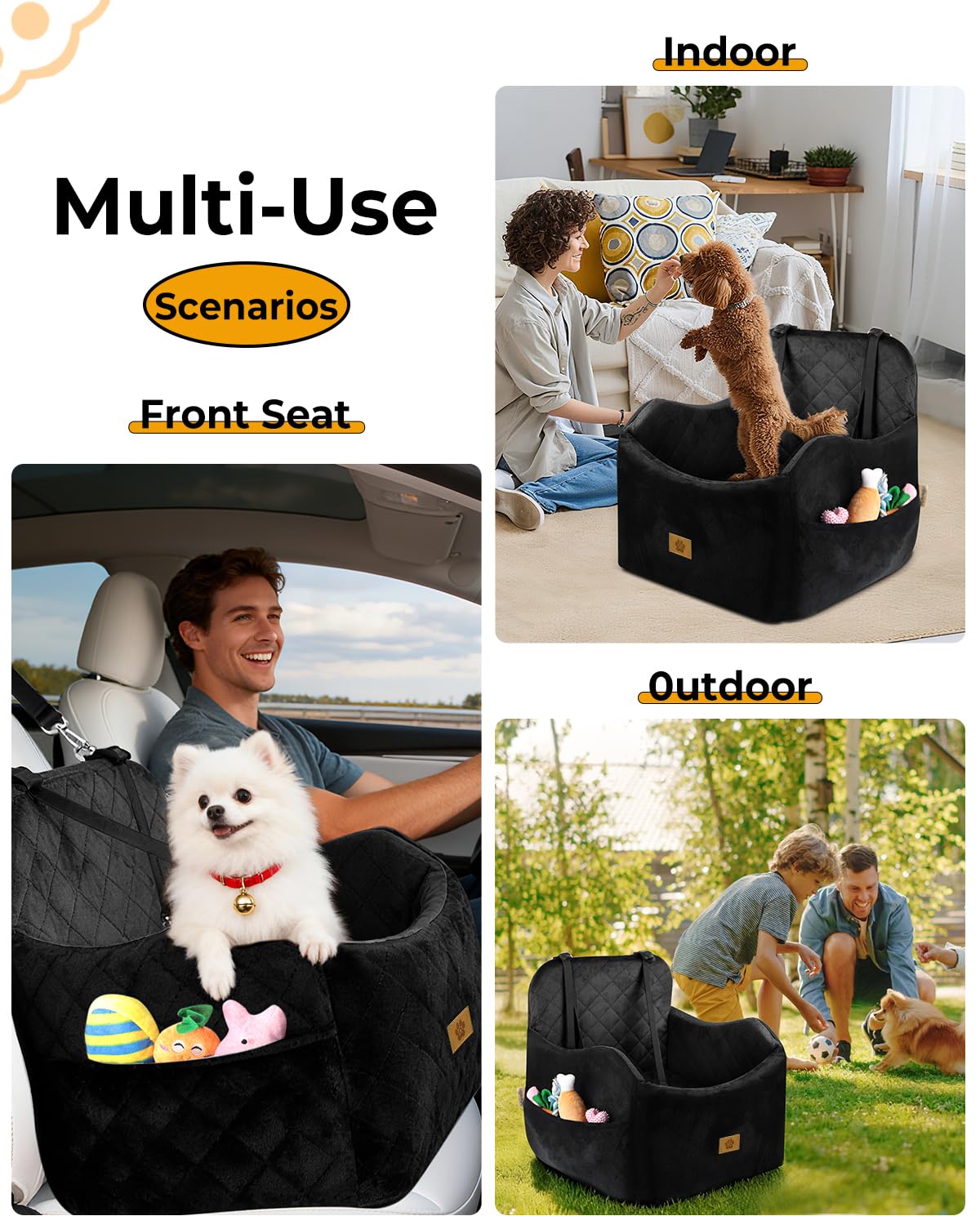 Ishineon dog car seat fits front, back, or trunk in most vehicles.
