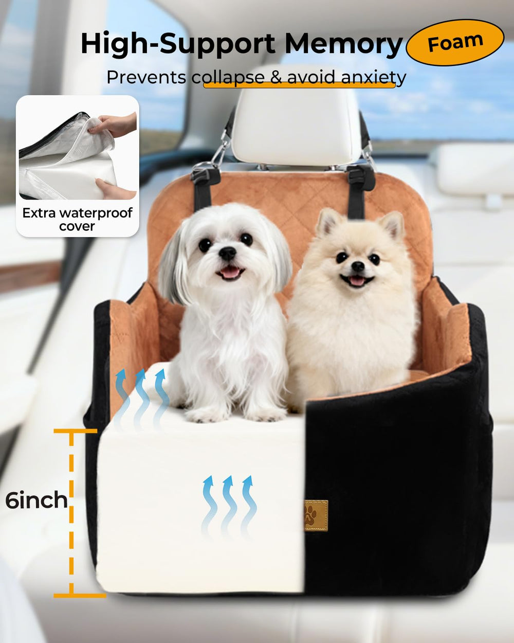 Ishineon dog car seat front-seat fit illustration emphasizing versatile installation in various vehicles.