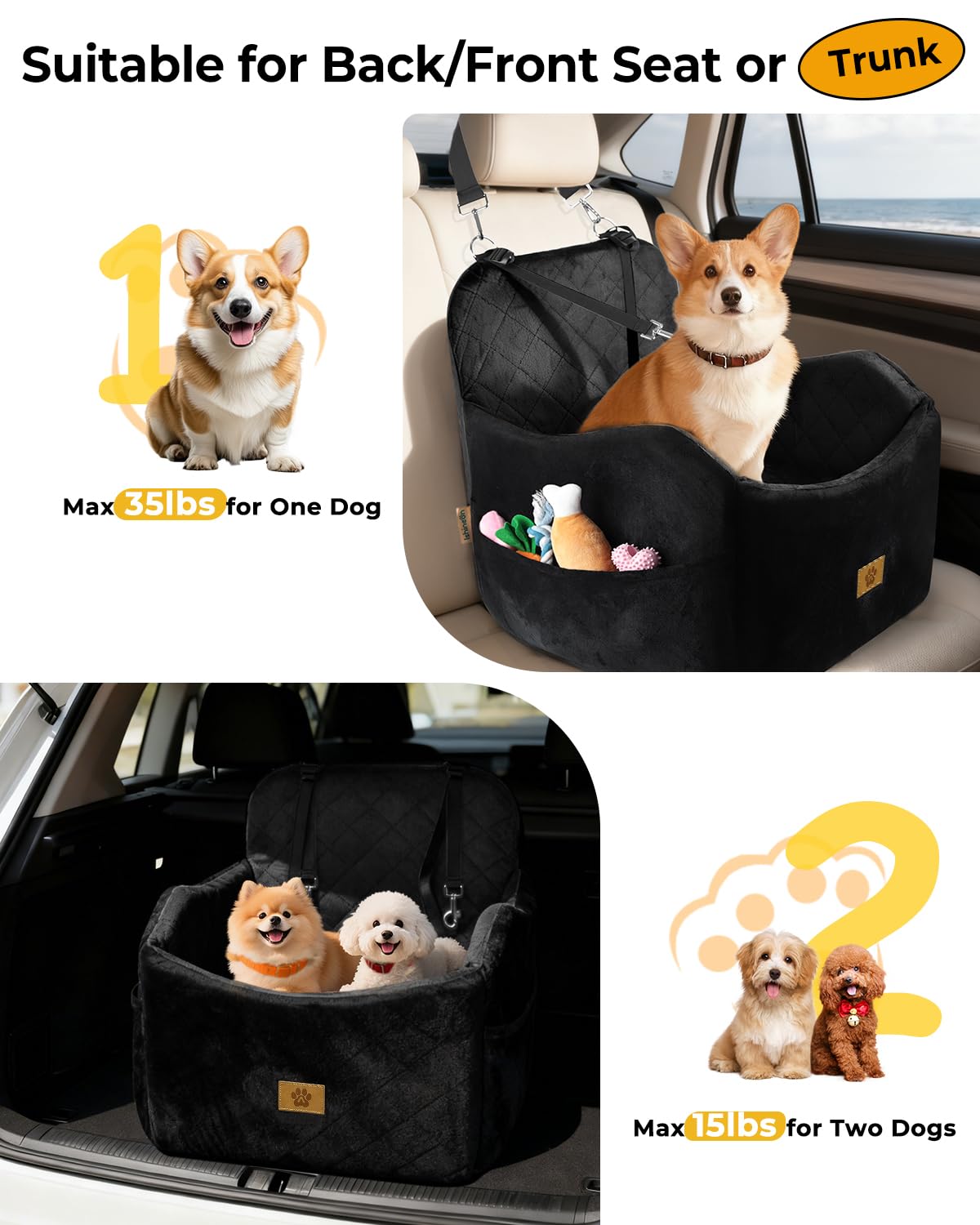 Ishineon dog car seat storage pockets hold treats and toys.