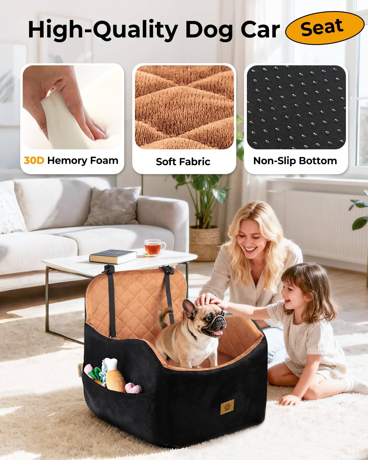Ishineon dog car seat storage-pockets close-up showing easy-to-reach essentials during trips.