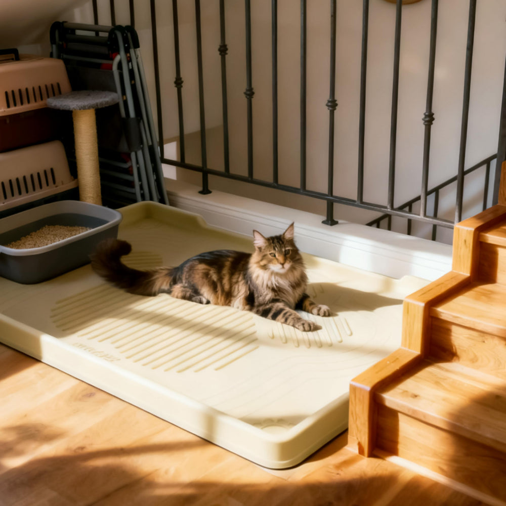 ISSEVE mat under feeding bowls catches spills and debris efficiently.