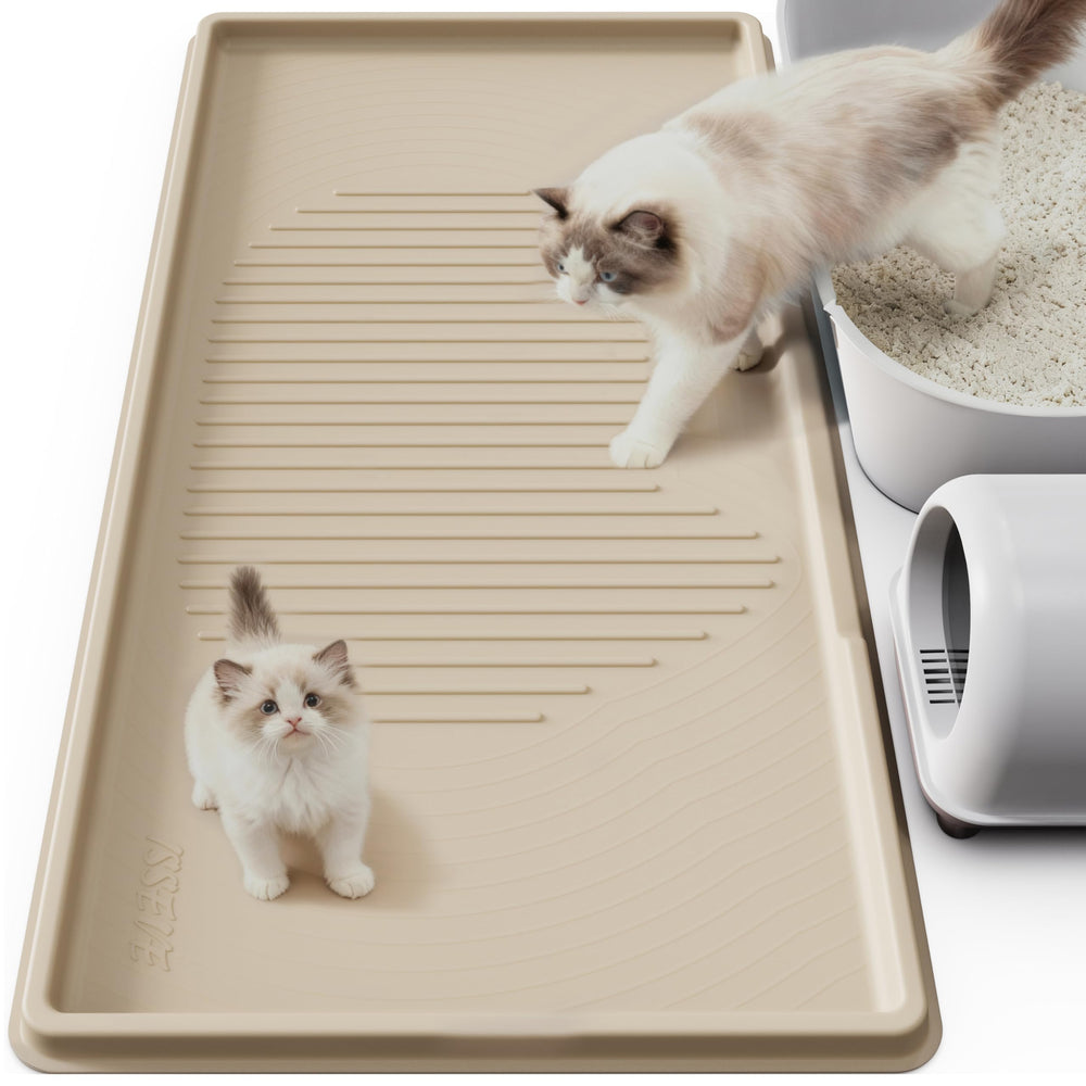 ISSEVE cat litter mat XXL 54x27.5 edge beige view shows raised edge catching litter and spills.