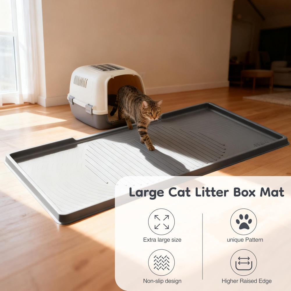 ISSEVE litter mat with 1.38-inch edge traps spills around the litter box.