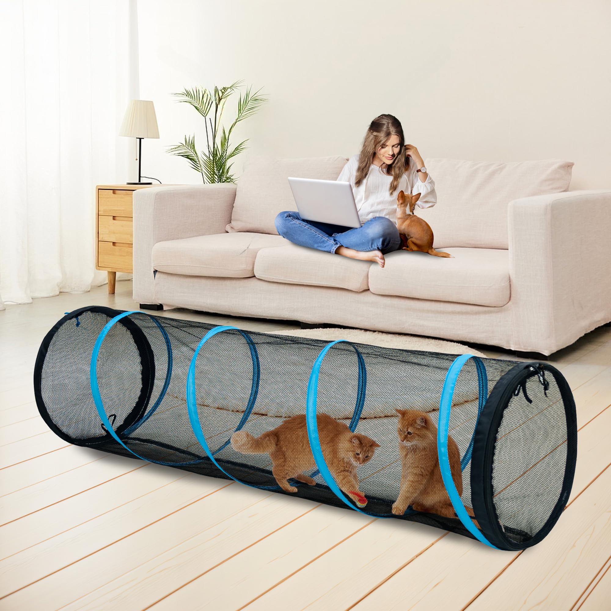 ITENT cat play tunnel folded into carrybag for easy portability and storage.