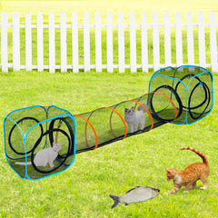 ITENT Pet Play Tunnel 2-Cubes setup shows versatile indoor-outdoor cat playground