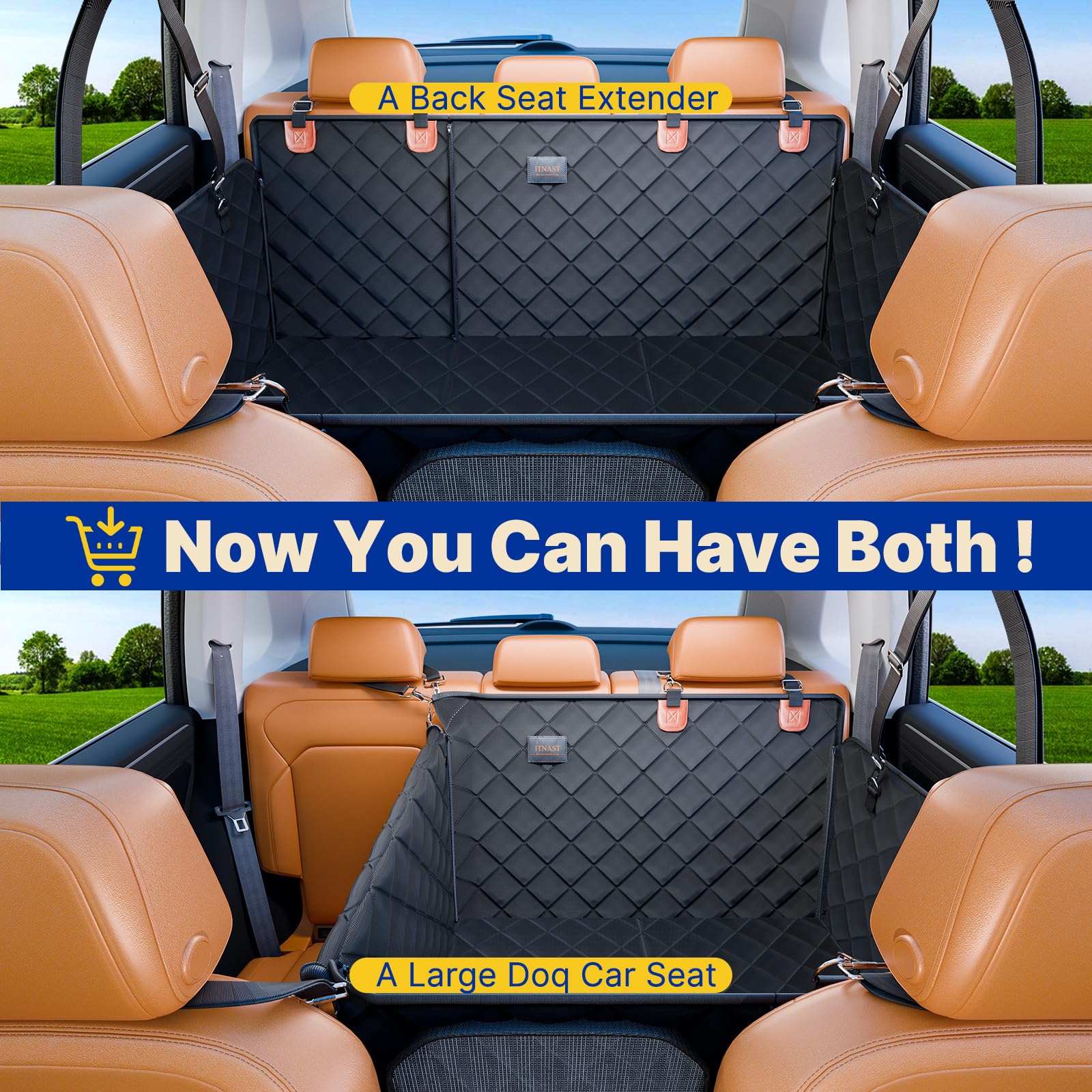 ITNAST convertible back seat extender in use, creating space for two medium dogs.