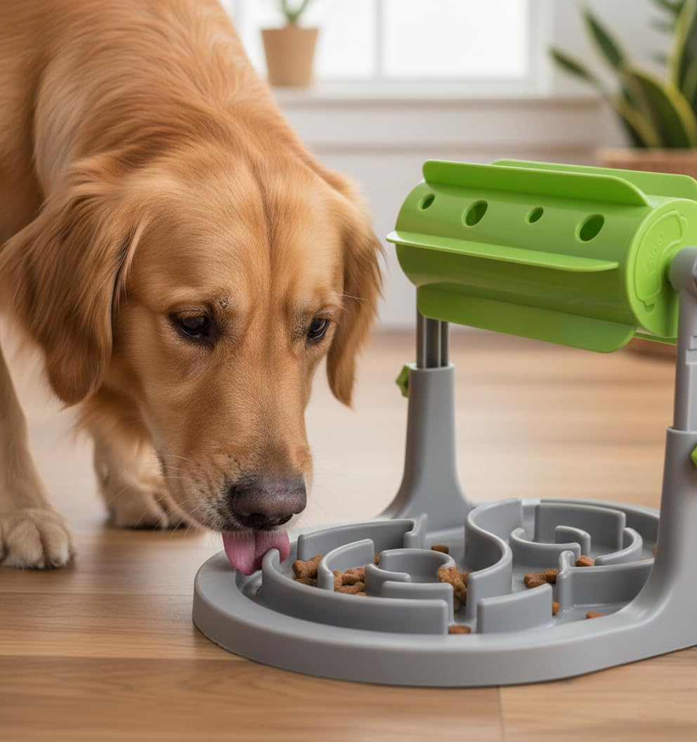 Ito Rocky puzzle toy in use with a dog enjoying a slow, rewarding feed